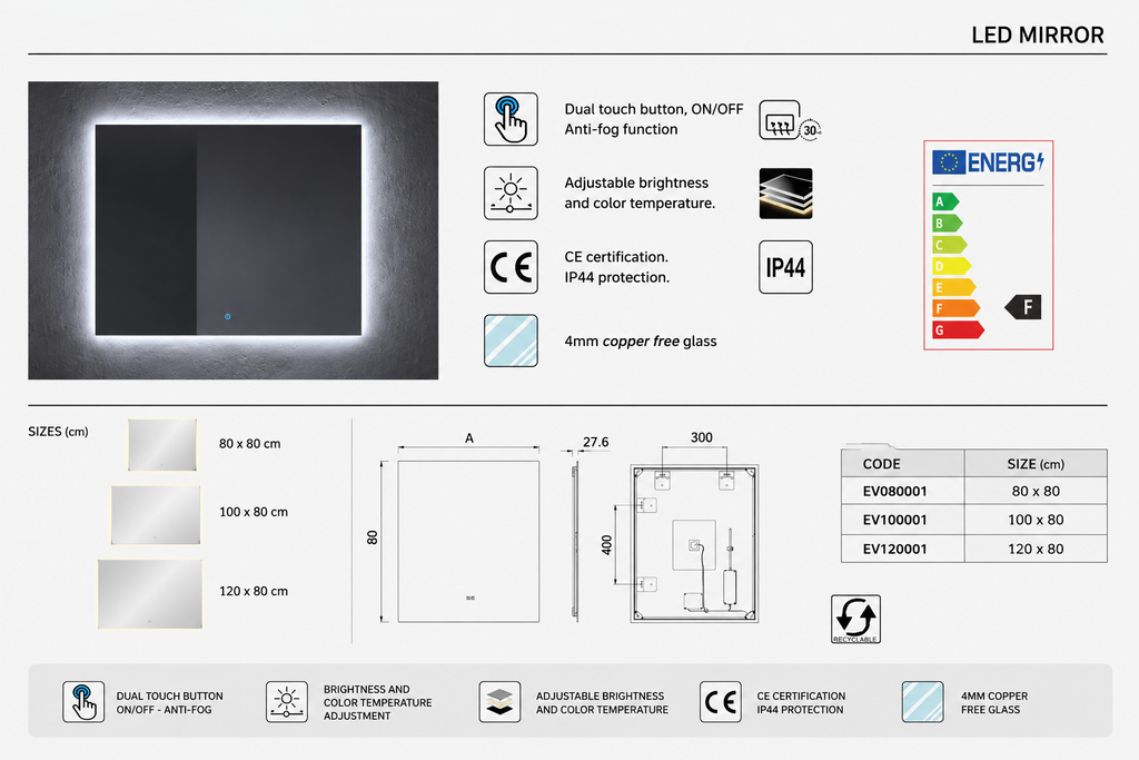 Zestaw łazienkowy VOLUM z umywalką + lustrem LED + słupkiem 140 cm + baterią jednouchwytową – kolor stepowy – 80/100/120 cm