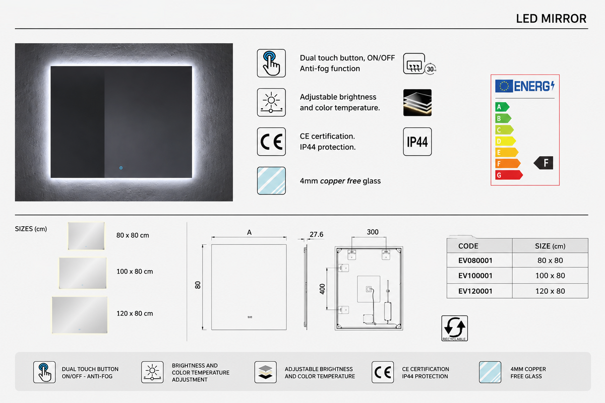 Zestaw łazienkowy VOLUM z umywalką + lustrem LED + słupkiem 140 cm + baterią jednouchwytową – kolor stepowy – 80/100/120 cm
