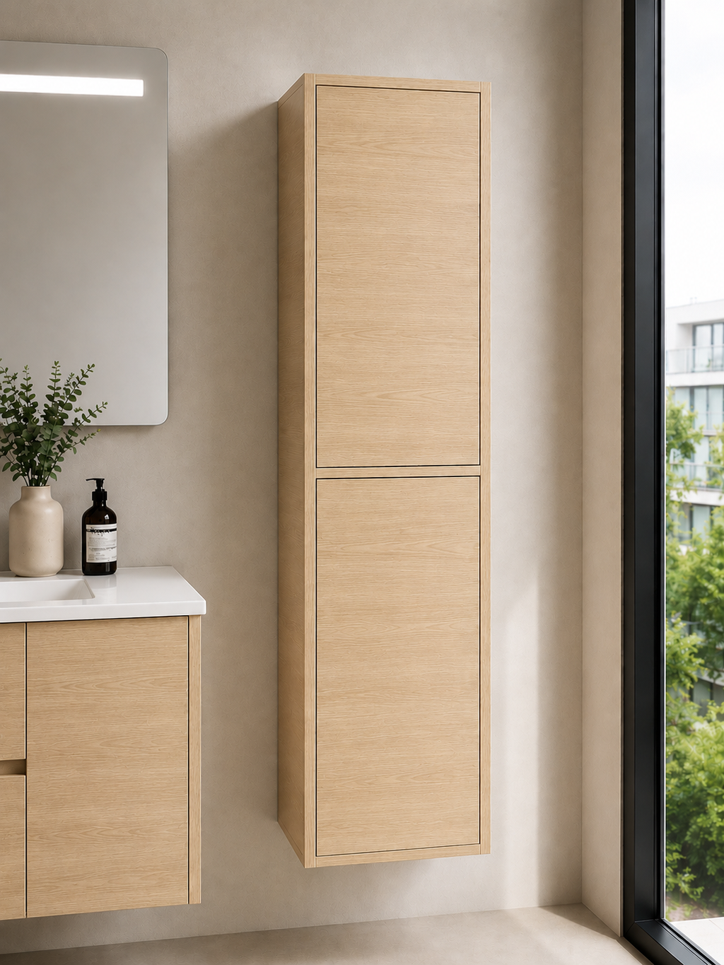 Zestaw łazienkowy VOLUM z umywalką + lustrem LED + słupkiem 140 cm + baterią jednouchwytową – kolor stepowy – 80/100/120 cm