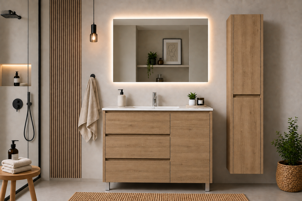 Zestaw łazienkowy VOLUM z umywalką + lustrem LED + słupkiem 140 cm + baterią jednouchwytową – kolor stepowy – 80/100/120 cm