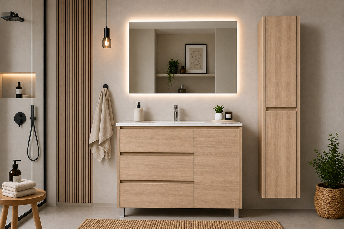 Zestaw łazienkowy VOLUM z umywalką + lustrem LED + słupkiem 140 cm + baterią jednouchwytową – kolor stepowy – 80/100/120 cm