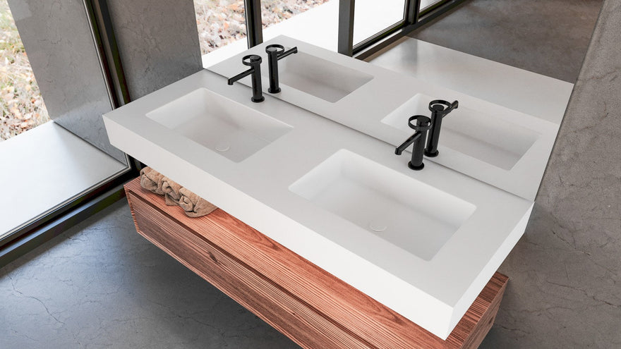 LEX Solid Surface blat z 2 umywalkami podblatowymi, przedni panel do 12 cm